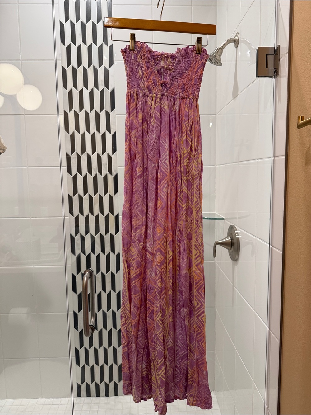 Tiare Hawaii Purple & Peach Patterned Strapless Maxi Dress